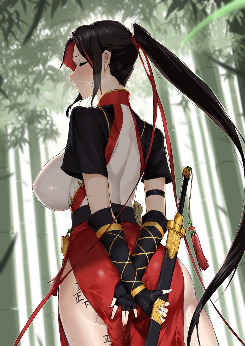 ass bamboo bamboo_forest big_ass black_hair body_writing breasts chinese_clothes closed_eyes clothing covering covering_ass dawalixi embarrassed holding_sword large_breasts long_hair long_ponytail ninja oriental-themed_clothing original original_character outdoors ponytail sheath sheathed sheathed_weapon sword sword_sheath tagme tally_marks tied_hair tight_clothing