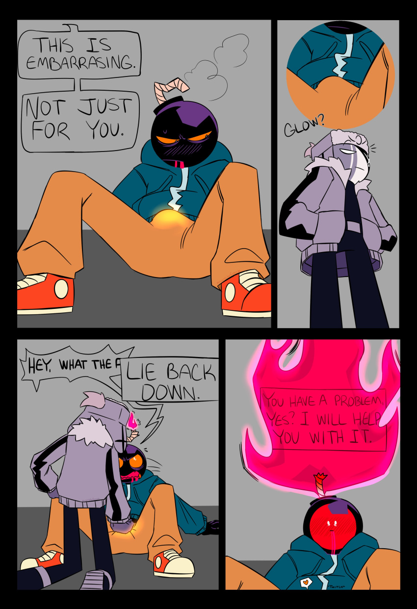 2boys anthro blush boner clothed comic fire friday_night_funkin gay kneeling legs_apart male_only mid-fight_masses monstrfreek ruv_(dokki.doodlez) shoes text whitty_(sock.clip) yaoi