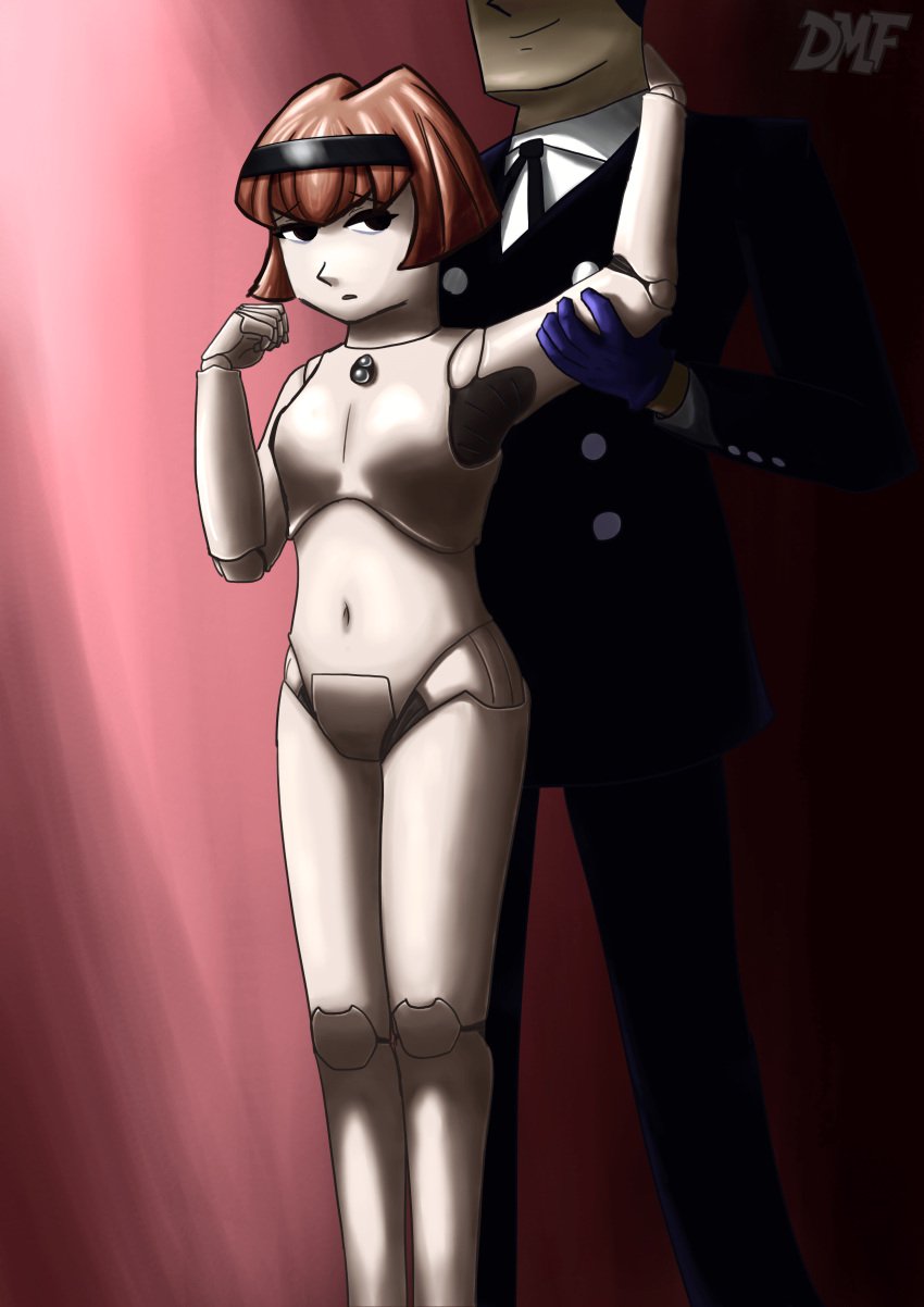 1boy 1girls android black_hairband breasts double_middle_finger(artist) female maid nude nude_female r._dorothy_wayneright red_hair robot robot_girl roger_smith_(big_o) short_hair suit the_big_o tuxedo white_skin