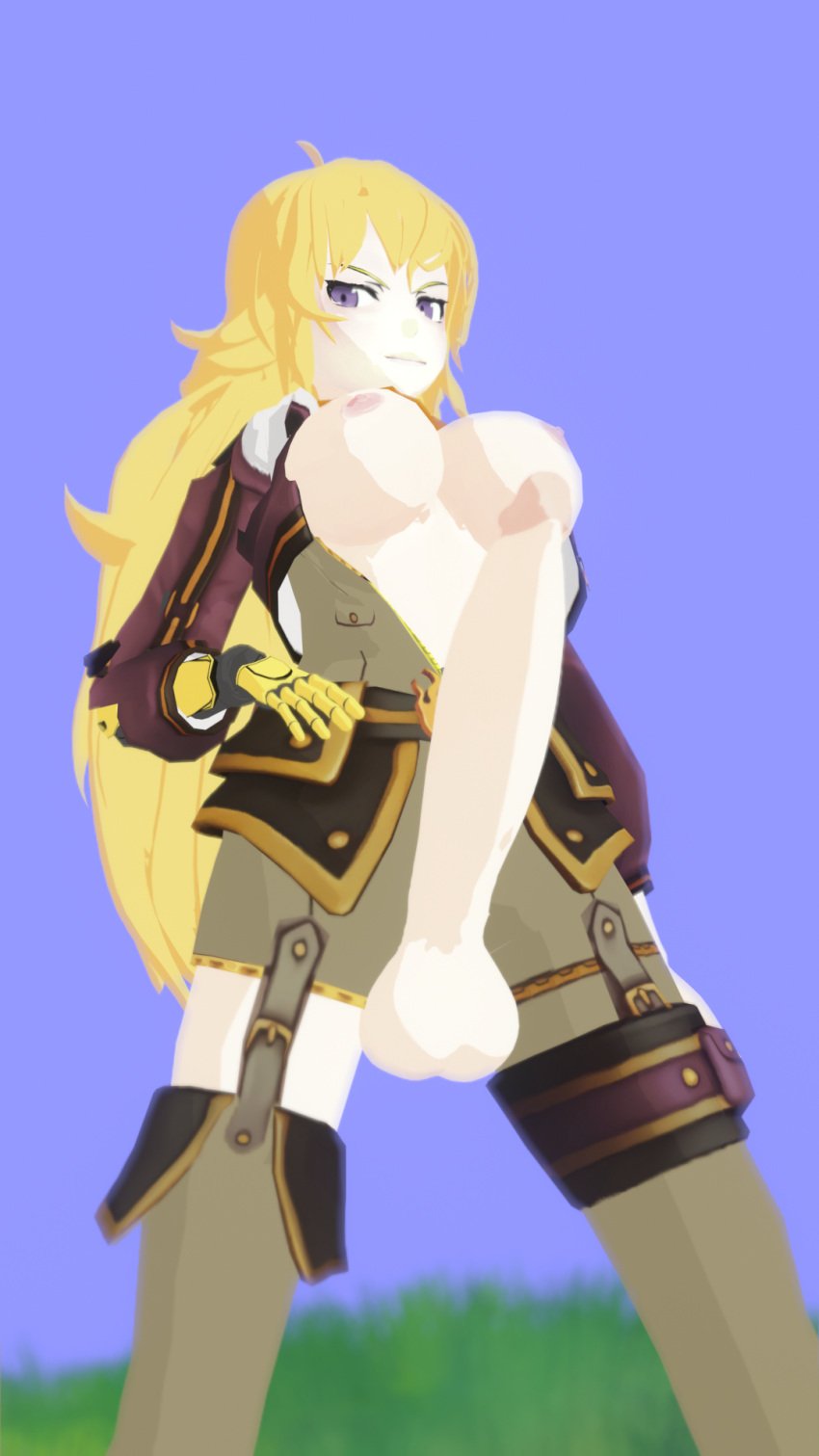 3d big_balls big_breasts big_penis blonde_hair blue_eyes breasts burstingseas clothing crotchless female female_only futanari human long_hair outerwear partially_clothed penis penis_out prosthetic prosthetic_arm rwby scrotum standing yang_xiao_long