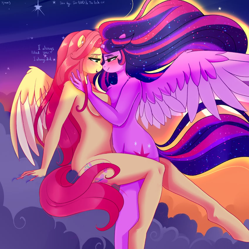 absurd_res alicorn anthro anthrofied arm_tuft blush breast_squish breasts breasts_frottage chest_tuft cloud dialogue duo elbow_tufts equid equine eye_contact feathered_wings feathers female female/female fluttershy_(mlp) friendship_is_magic hair half-closed_eyes hasbro hi_res horn inner_ear_fluff looking_at_another mammal my_little_pony narrowed_eyes nude pegasus pink_hair princess_twilight_sparkle_(mlp) sitting smile squish straight_hair tuft twilight_sparkle_(mlp) twishy wings xjenn9 yuri