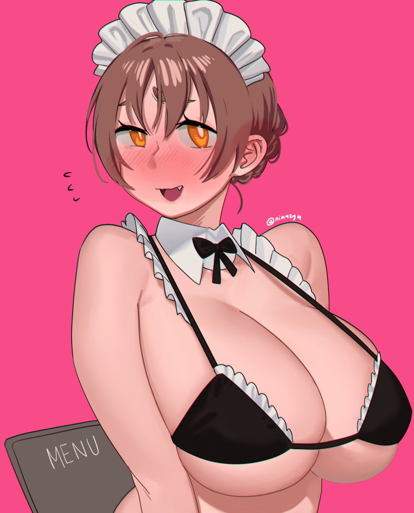 1girls anko_(nia) black_bra black_neckwear blush bra breasts bright_pupils brown_hair cleavage cute_fang detached_collar female frilled_bra frills highres huge_breasts looking_at_viewer maid maid_bikini maid_headdress menu micro_bikini nia4294 nia_(nia4294) oerba_yun_fang open_mouth orange_eyes original pink_background simple_background smile solo twitter_username underwear upper_body white_pupils