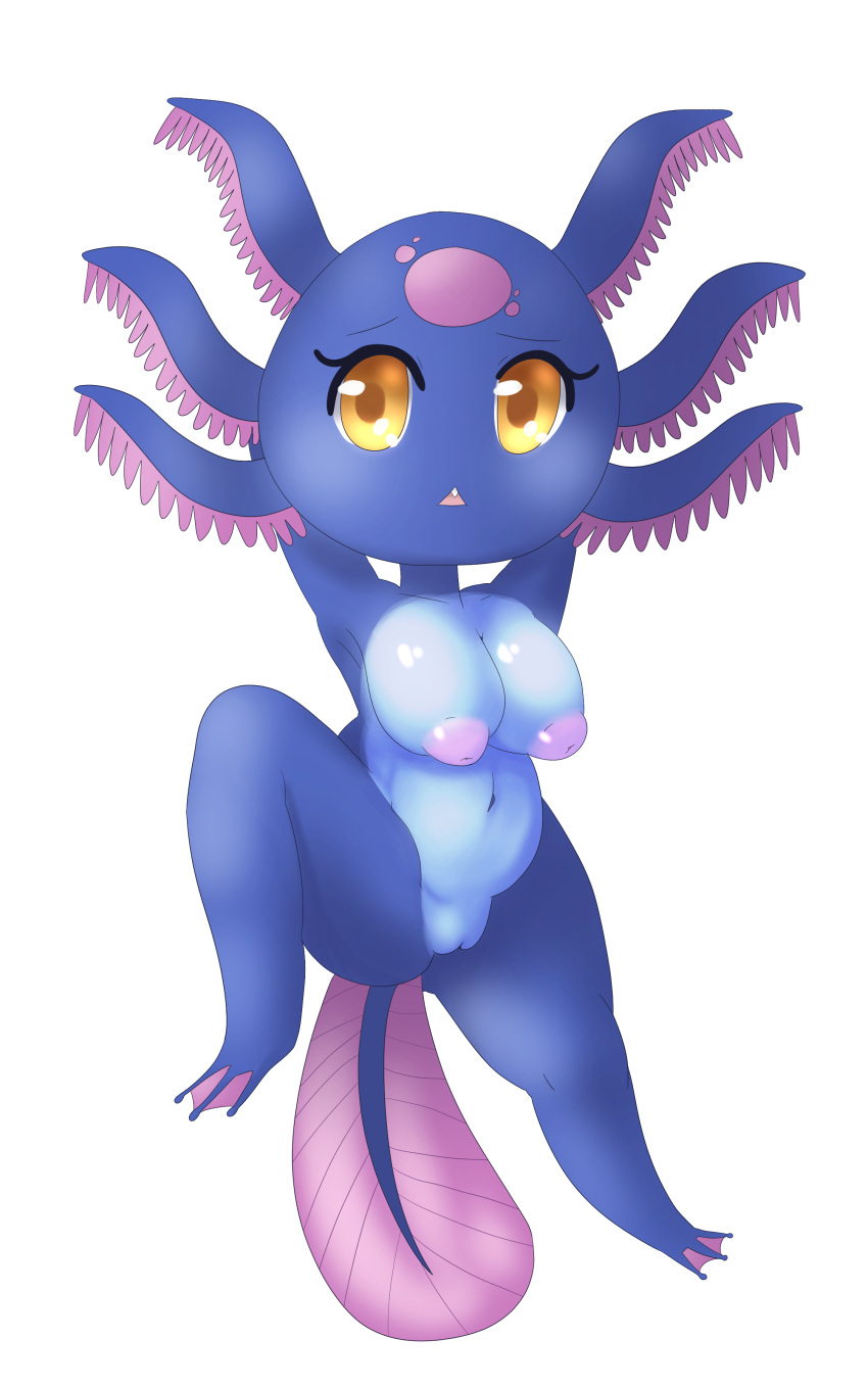 absurd_res anthro axolotl blue_body blue_skin breasts female fish flurrycraft genitals hi_res marine membrane_(anatomy) monster_train nipples nude purple_body purple_skin pussy smooth_skin stygian_guard tethys_titansbane webbed_feet yellow_eyes