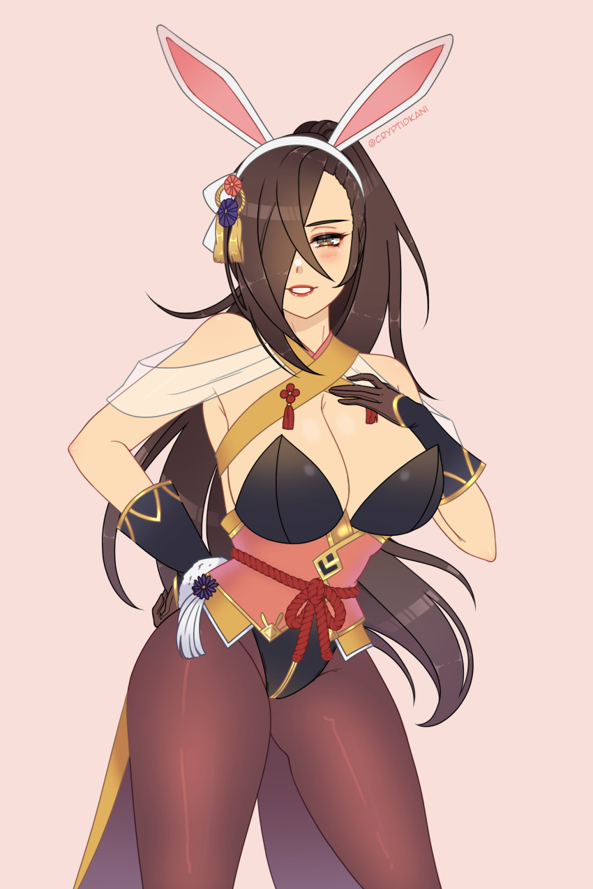 1girls alternate_costume bare_arms big_breasts brown_eyes brown_hair bunny_ears bunny_girl bunnysuit cleavage cryptid_crab easter female_only fire_emblem fire_emblem_fates fire_emblem_heroes gloves hair_over_one_eye kagero_(fire_emblem) kagero_(spring)_(fire_emblem) large_breasts long_hair looking_at_viewer nintendo pantyhose smile solo solo_female