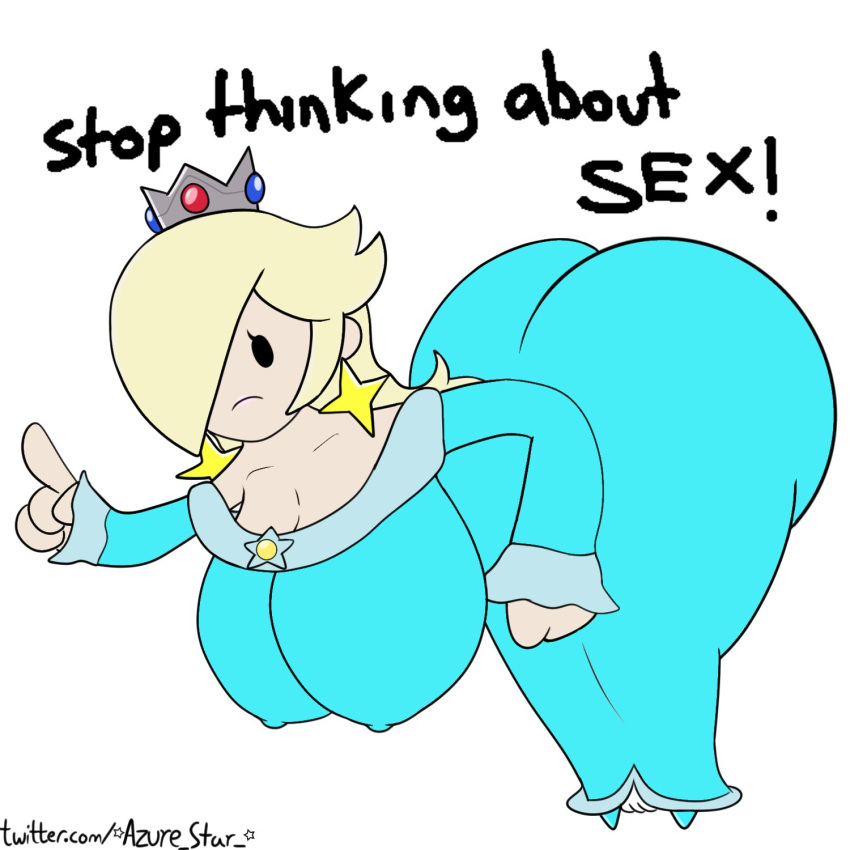 1girls ass ass_focus ass_up azurestar big_ass big_breasts breasts bubble_butt clothed clothing crown digital_media_(artwork) dress earrings english_text female female_only goddess hair hair_over_one_eye heels jewelry lipstick mario_(series) meme nintendo nipple_bulge nipples nipples_visible_through_clothing no_bra platinum_blonde_hair princess stop_thinking_about_sex