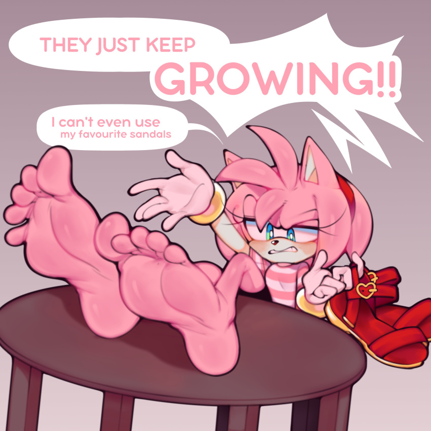 1girls 2d alternate_costume amy_rose anthro barefoot big_feet dialogue feet female foot_expansion foot_fetish foot_focus frown frustrated fully_clothed furry humanoid_feet no_penetration sandals sega soles solo solo_female sonic_(series) sonic_team sonic_the_hedgehog_(series) speech_bubble spenningten table text