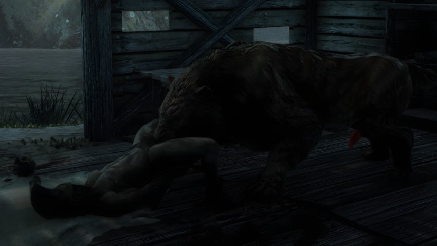 animal_genitalia anthro bestiality feline feral fur game gay helmet human male male_only muscular muscular_male penis sabrecat size_difference skyrim sniffing underwear wet zoophilia