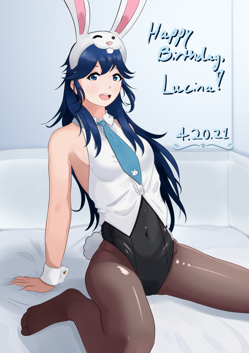 1girls alternate_costume azure_monarch blue_eyes blue_hair bunny_ears bunnysuit dated female_only fire_emblem fire_emblem_awakening happy_birthday kneeling leotard long_hair looking_at_viewer lucina_(fire_emblem) nintendo on_bed open_mouth open_smile pantyhose smile solo solo_female symbol-shaped_pupils text tie