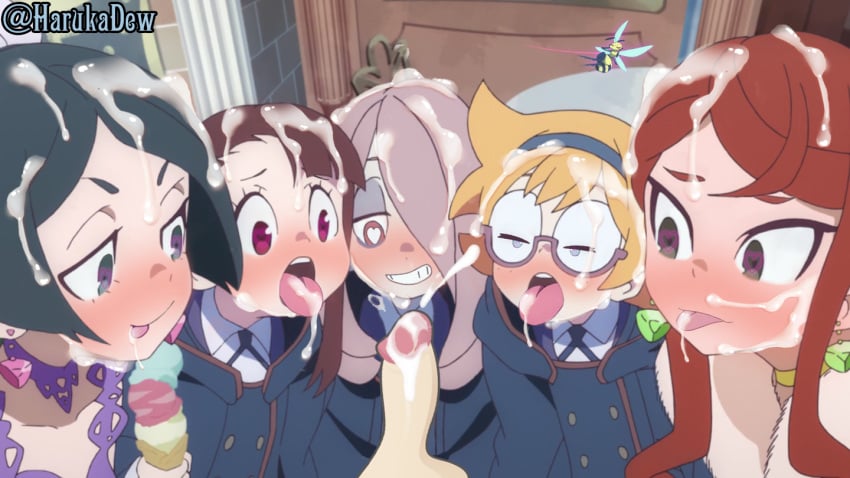 5girls akko_kagari atsuko_kagari bangs barbara_parker bed bedroom bee blonde_hair blue_eyes blue_hair blush brown_hair clothed clothed_female collar cum cum_drip cum_in_mouth cum_on_face cum_on_glasses cum_on_hair cum_on_tongue cum_splatter cum_string cupid_bee erection eyelashes eyeshadow facial female female_focus glasses hairband hanna_england harukadew heart heart-shaped_pupils inside little_witch_academia looking_at_penis lotte_yansson open_mouth oral orange_eyes penis purple_hair red_eyes red_hair smile sucy_manbavaran tongue tongue_out uniform witch