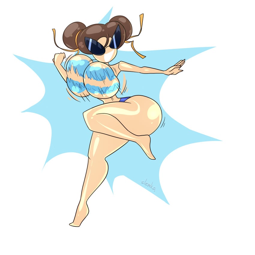 armpits bikini chun-li doll doll_joints dollification female huge_ass huge_breasts implied_transformation knick_knack permanent_smile slemka street_fighter sunglasses sunnification thick_thighs transformation wide_hips