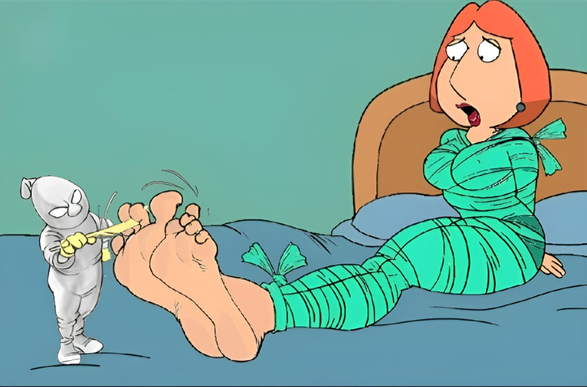 bondage family_guy feet female female_focus foot_fetish ginger_hair lois_griffin mummification mummified mummy red_lipstick tickle_feet tickling tickling_feet wrapped