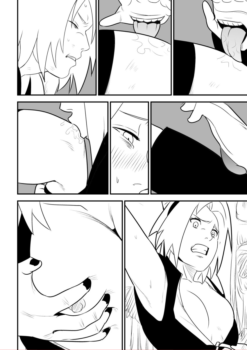 1boy 1girls deidara hand_mouth holding_breast licking naruto naruto_(series) naruto_shippuden nier_(artist) sakura_haruno