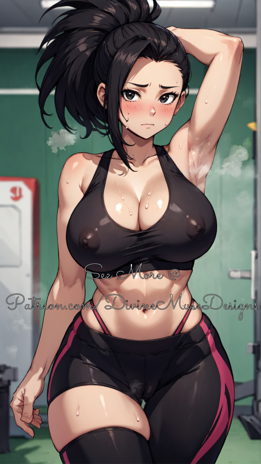 absurdres ai_generated black_body black_hair cameltoe colored divine_muse_designs gym gym_uniform huge_breasts momo_yaoyorozu my_hero_academia nipples one_arm_behind_head patreon safe_for_work see-through_top sportswear stable_diffusion standing watermark yoga_pants