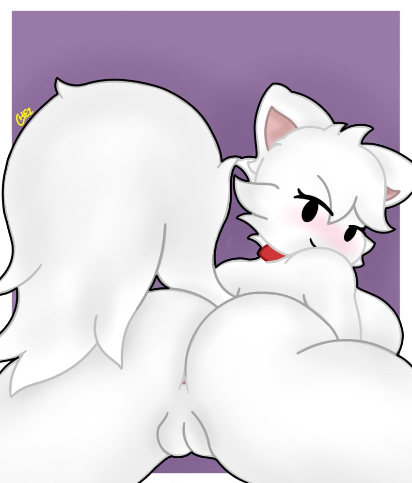 ass_focus blush chez-arts comission female furry furry_ears furry_tail hole horny_female looking_at_viewer lying_on_stomach nude_female open_legs pussy red_collar roblox roblox_avatar white_body