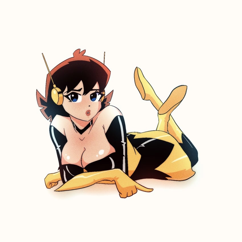 1girls avengers big_breasts blue_eyes brown_hair cleavage female female_only fucking_triton huge_breasts janet_van_dyne large_breasts marvel marvel_comics on_stomach shiny_clothes solo the_avengers:_earth's_mightiest_heroes tight_clothing wasp_(earth's_mightiest_heroes) wasp_(marvel)