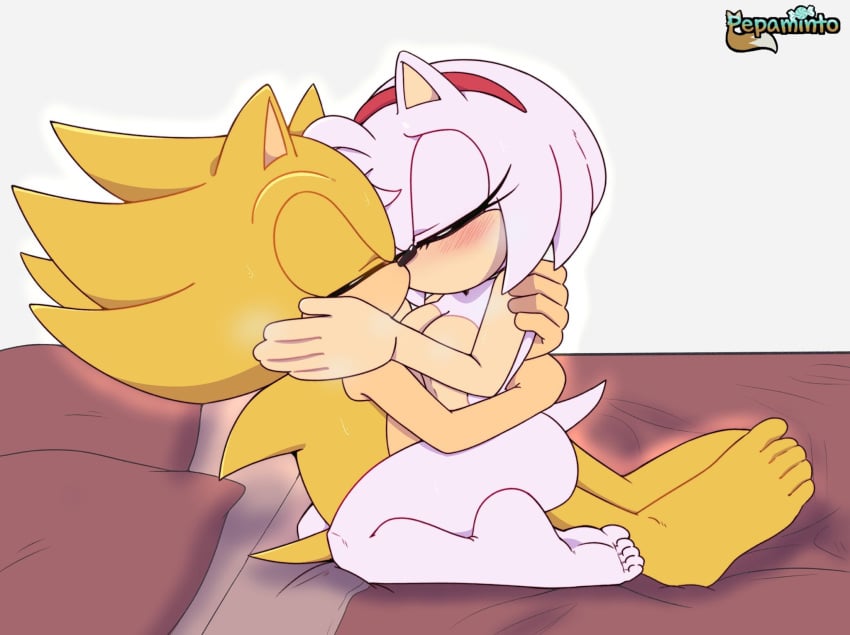 1boy 1boy1girl 1girls 2d amy_rose anthro barefoot bed big_breasts breasts closed_eyes feet female gloves glowing hugging hugging_waist humanoid_feet kiss_on_lips kissing large_breasts male pepamintop pink_fur pink_hair sega soles sonic_(series) sonic_the_hedgehog sonic_the_hedgehog_(series) super_amy super_sonic thick_ass thick_thighs toes wholesome yellow_fur