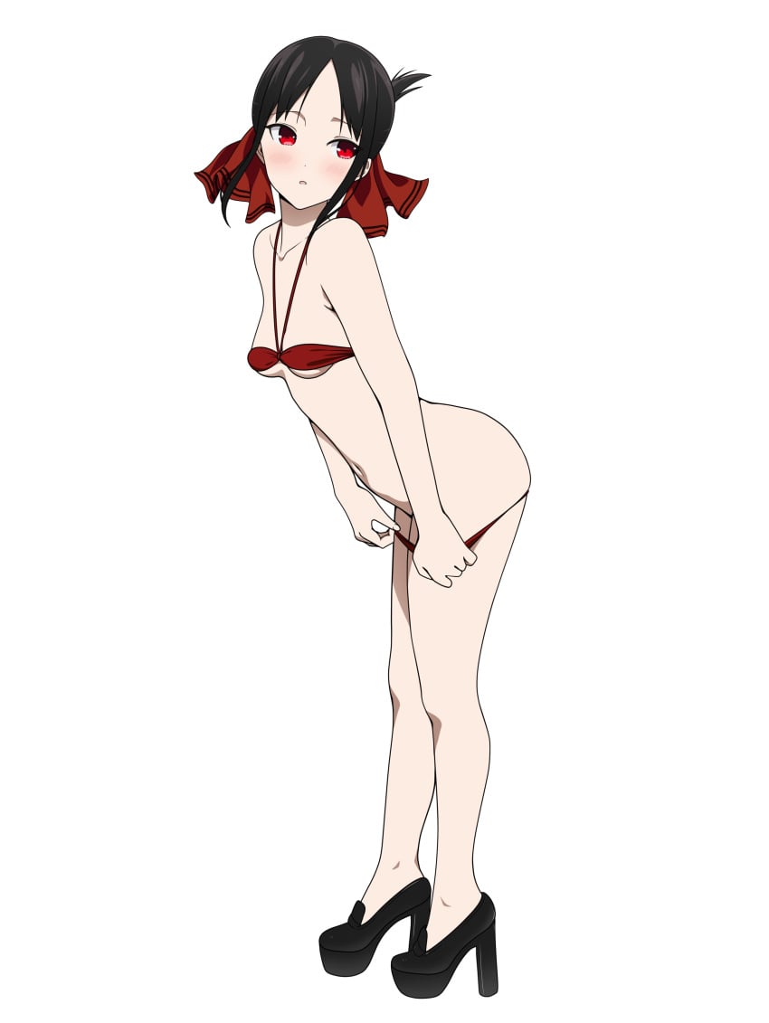 1girls absurd_res absurdres accurate_art_style ass ass_out bare_arms bare_legs bare_midriff bare_shoulders bare_thighs belly belly_bulge belly_button black_hair black_high_heels black_platform_heels blush breasts collarbone coro_fae female female_focus female_only fingers forehead groin hair_ornament high_heels high_resolution highres kaguya-sama_wa_kokurasetai_~tensai-tachi_no_renai_zunousen~ legs light_skin navel nude official_style open_mouth petite petite_body petite_breasts petite_female petite_girl platform_heels red_bikini red_bra red_eyes red_hair_ornament red_swimsuit schoolgirl shinomiya_kaguya simple_background simple_shading slender_waist slim_waist solo standing string_bikini student teenager thick_ass thick_thighs thighs thin_waist undressing white_background