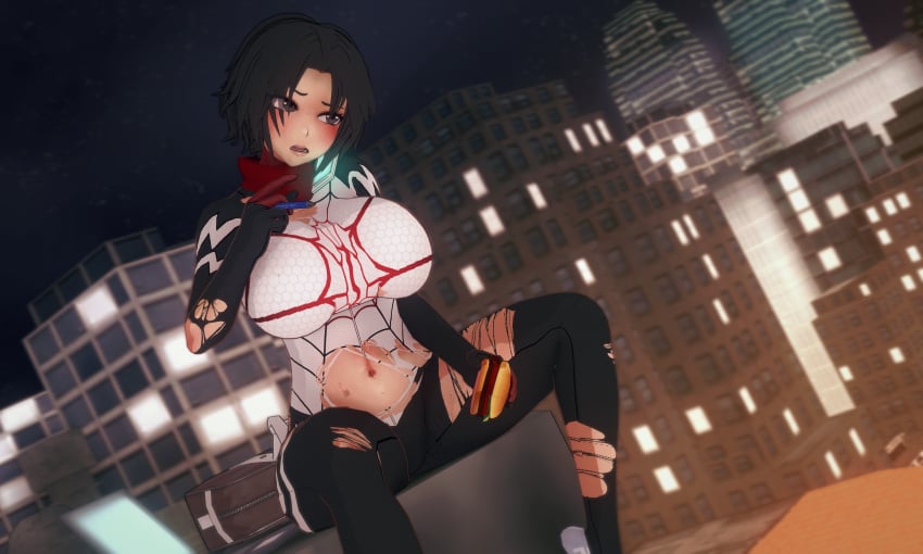 3d after_fight asian asian_female buebuebue building cindy_moon city city_background exposed_belly female female_only koikatsu large_breasts marvel no_sex ripped_clothing silk_(marvel) spider-man_(series) thick_thighs