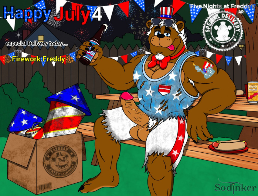 1boy 2020 4th_of_july anthro balls bara bear beer big_penis bow_tie bowtie box clothed clothing drunk english_text firework_freddy fireworks five_nights_at_freddy's gay glasses half-closed_eyes holding_beer holidays hot_dog house looking_at_viewer male male_only no_humans penis plate sitting smile smiling smiling_at_viewer solo sondinker_fazbear's special_delivery table tattoo tongue tongue_out top_hat tree video_games