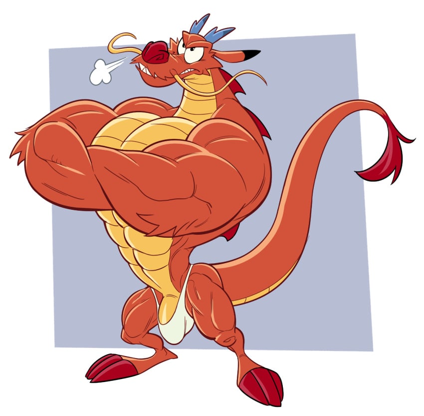 1boy analon_(artist) anthro arm_tuft clothed clothing crossed_arms disney dragon eastern_dragon elbow_tuft genitals hi_res male male_only mulan mulan_(1998) muscular muscular_male mushu penis purple_background solo thong thong_only toomanyboners topless tuft underwear underwear_only white_background