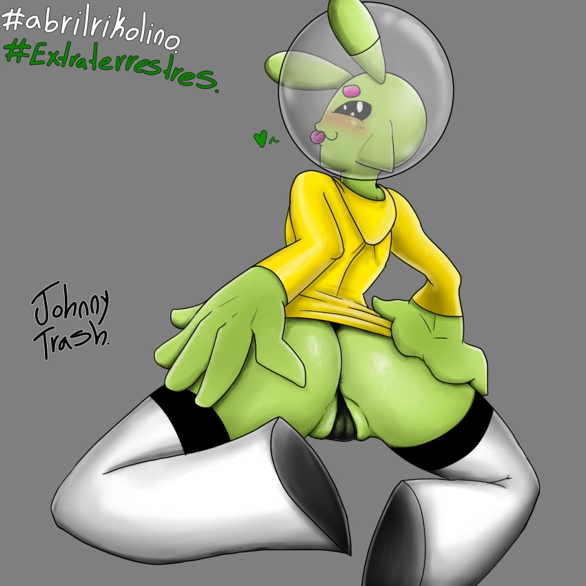 alien animation_meme_community ass black_sclera green_skin johnnyforever6 panties sploot_(unknownspy) tongue_out unknownspy yellow_jacket_(clothing)