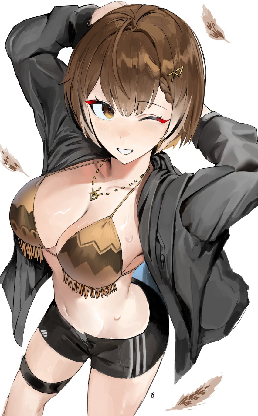 1girls arms_behind_head arms_up ass bare_legs bare_midriff bare_thighs belly belly_button black_jacket brown_bikini_top brown_eyes brown_hair cleavage collarbone female female_only golden_bikini_top hair_ornament hands_behind_head hololive hololive_english hololive_english_-council- hololive_english_-promise- hourglass_figure large_breasts looking_at_viewer medium_breasts nanashi_mumei navel necklace odyssey_21 one_eye_closed open_mouth shiny_skin short_hair smile smiling solo sports_shorts standing sweat sweating thigh_band thigh_strap thighband thighs virtual_youtuber