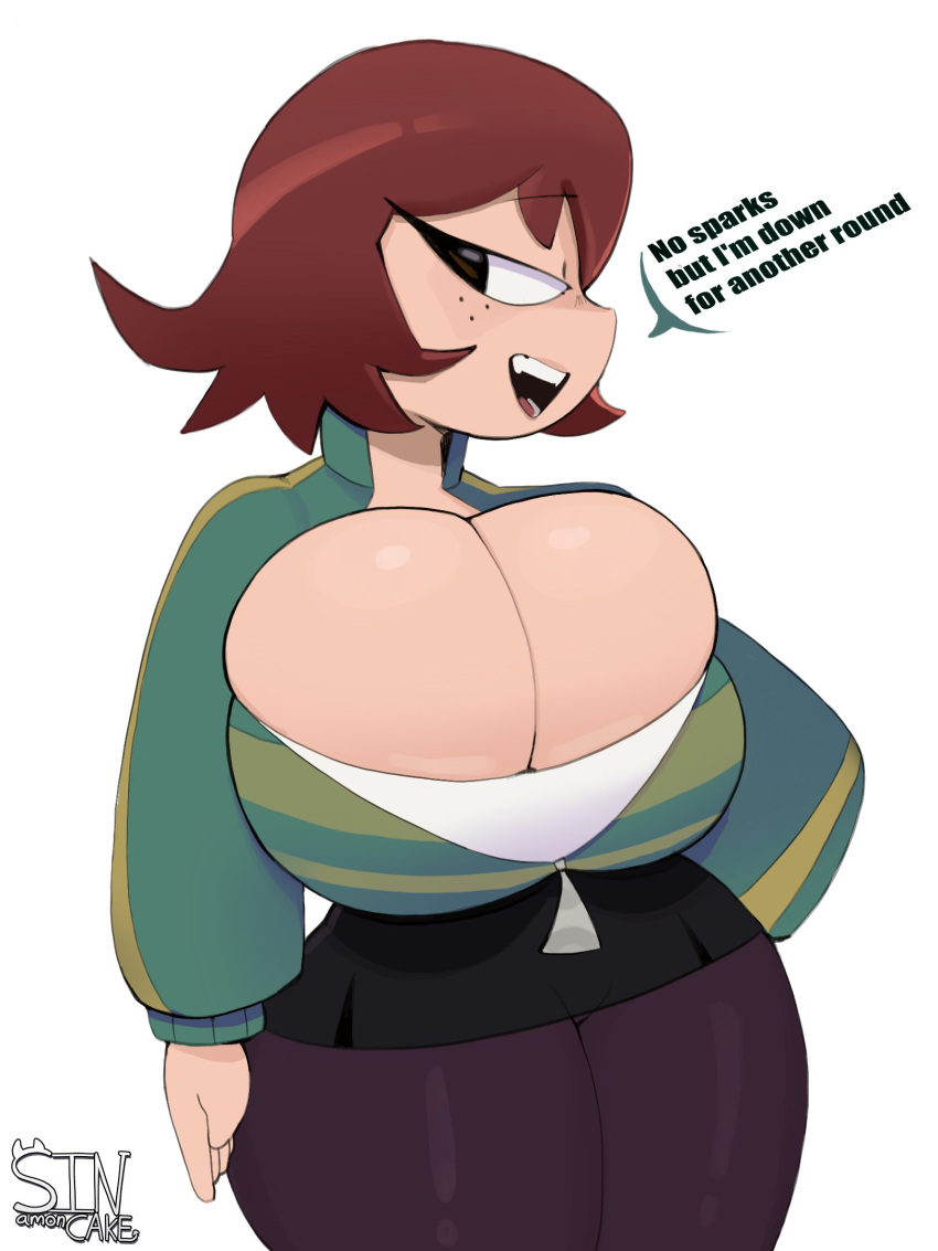 2023 big_breasts black_eyes breasts cleavage female female_focus female_only freckles freckles_on_face kim_pine red_hair scott_pilgrim sinamoncake1 thick_thighs thighs white_background wide_hips