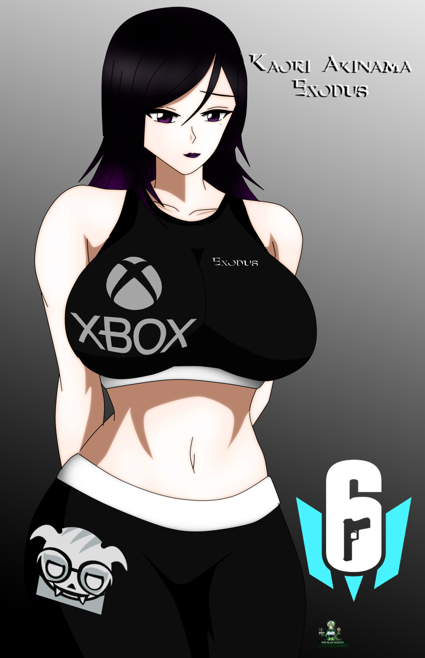 dark_purple_hair gamer gamer_girl kaori_akinama_(noir-black-shooter) mole_under_eye noir-black-shooter oc original original_character purple_eyes sports_bra sportswear