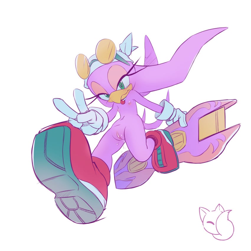 anthro avian beak bird blue_eyes breasts casual eyelashes female fingers footwear half-closed_eyes handwear handwear_and_footwear_only hoverboard mostly_nude purple_body purple_feathers purple_hair pussy reddishfox_(artist) shoes sonic_(series) sonic_riders sonic_the_hedgehog_(series) swallow swallow_(bird) tail_feathers v_sign wave_the_swallow