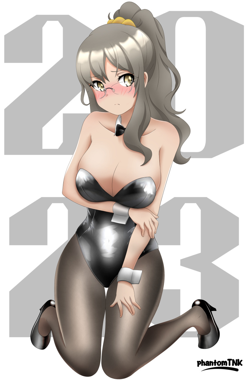 1girls 2023 big_breasts blush breasts clothed clothing erotic_costume female futaba_rio glasses grey_hair hi_res high_heels highres human light-skinned_female light_skin mostly_clothed new_year ponytail seishun_buta_yarou_wa_bunny_girl_senpai_no_yume_wo_minai sitting solo year_of_the_rabbit