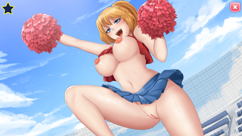 1girls big_breasts blonde_hair blue_eyes cheerleader nsfw_studio pom_poms summer_(nsfw_studio) sweat tied_hair