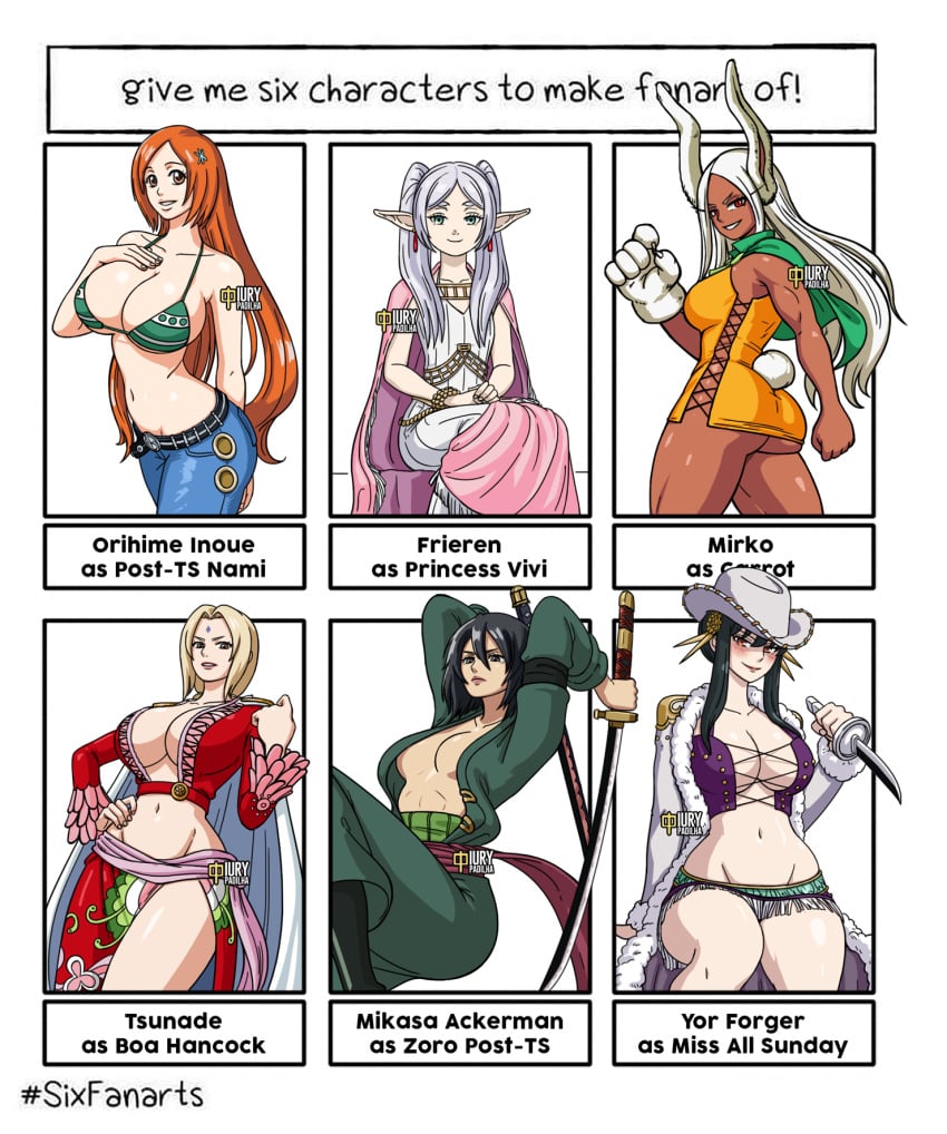 6girls artist_name ass attack_on_titan big_breasts black_hair bleach blonde_hair boa_hancock_(cosplay) breasts brown_eyes busty carrot_(one_piece)_(cosplay) cleavage confident cosplay crossover curvy female female_only frieren highres inoue_orihime iury_padilha large_breasts legs long_hair looking_at_viewer mature mature_female mature_woman midriff mikasa_ackerman miruko miss_all_sunday my_hero_academia nami_(one_piece)_(cosplay) naruto naruto_(series) navel nefertari_vivi_(cosplay) nico_robin_(cosplay) one_piece orange_hair parted_lips pink_lips pose posing post-timeskip red_eyes roronoa_zoro_(cosplay) rumi_usagiyama seductive seductive_smile sensual six_fanarts_challenge smile sousou_no_frieren spy_x_family text thighs tsunade white_hair yor_briar