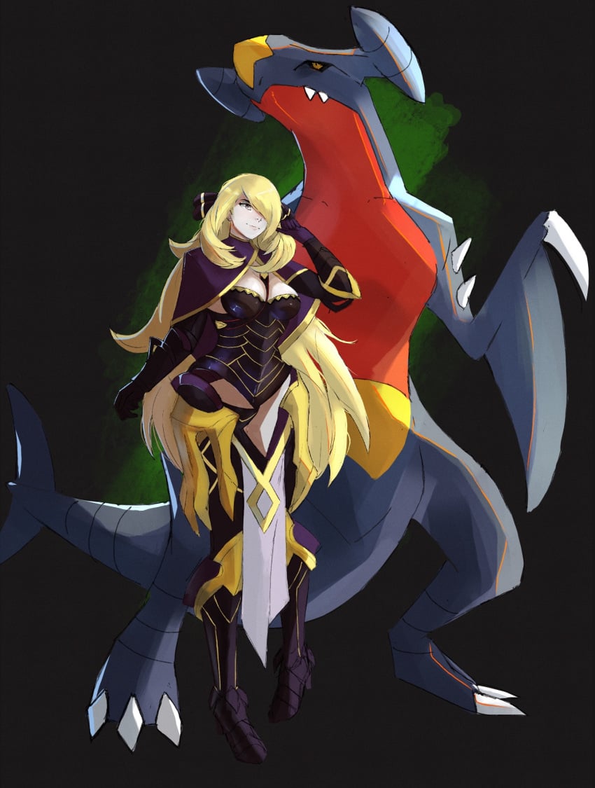 1girls alternate_costume armor bare_thighs black_panties blonde_hair breasts camilla_(fire_emblem) camilla_(fire_emblem)_(cosplay) cleavage crossover cynthia_(pokemon) female fire_emblem fire_emblem_fates garchomp hair_over_one_eye inner_thighs medium_breasts nintendo panties pokémon_(species) pokemon pokemon_(species) rodlanghi thighs underwear