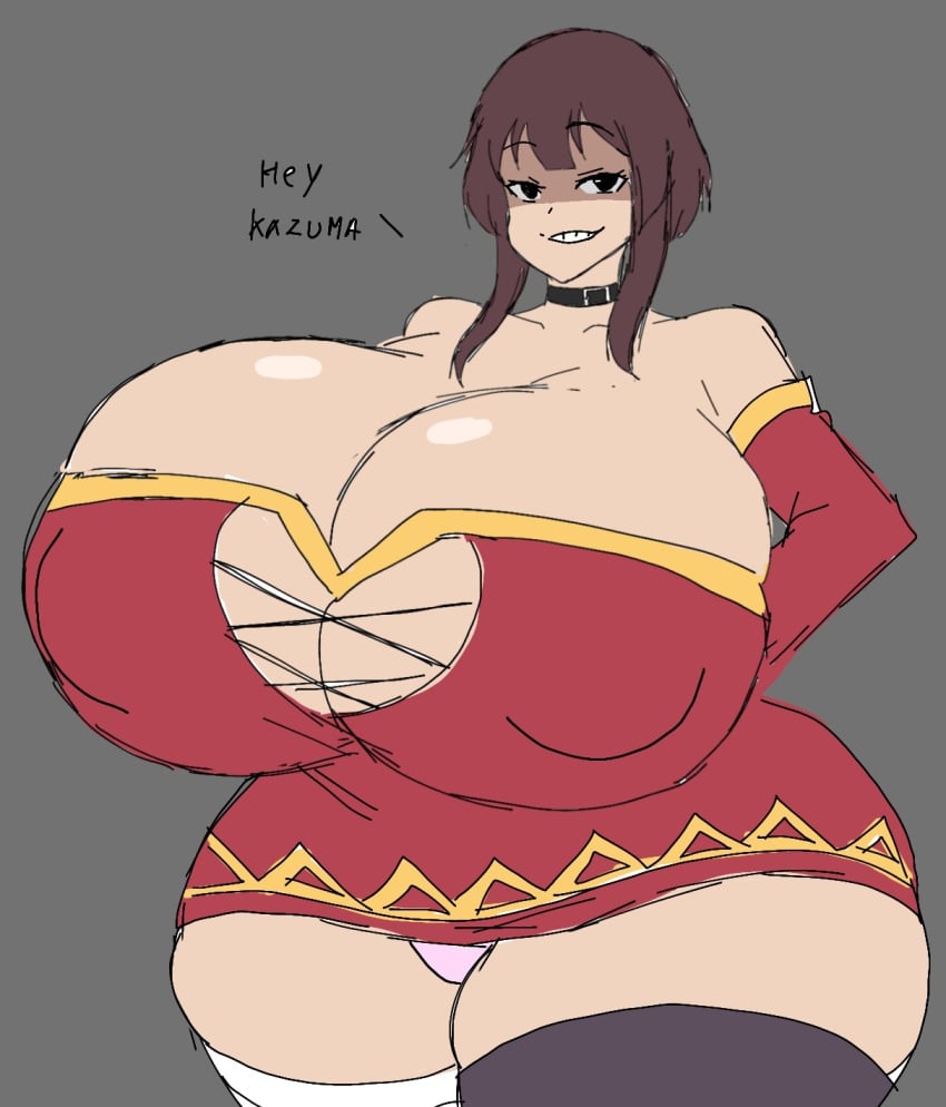 1girls alternate_body_type alternate_breast_size big_ass black_stocking breast_expansion breasts_bigger_than_head brown_hair clothed clothed_female clothing dress female female_only gigantic_thighs huge_ass huge_breasts huge_hips huge_thighs hyper_ass hyper_breasts kono_subarashii_sekai_ni_shukufuku_wo! light-skinned_female light_skin light_skinned_female medium_hair megumin momiji_(artist) panties pink_pasties red_dress solo solo_female stocking thick_thighs wide_hips