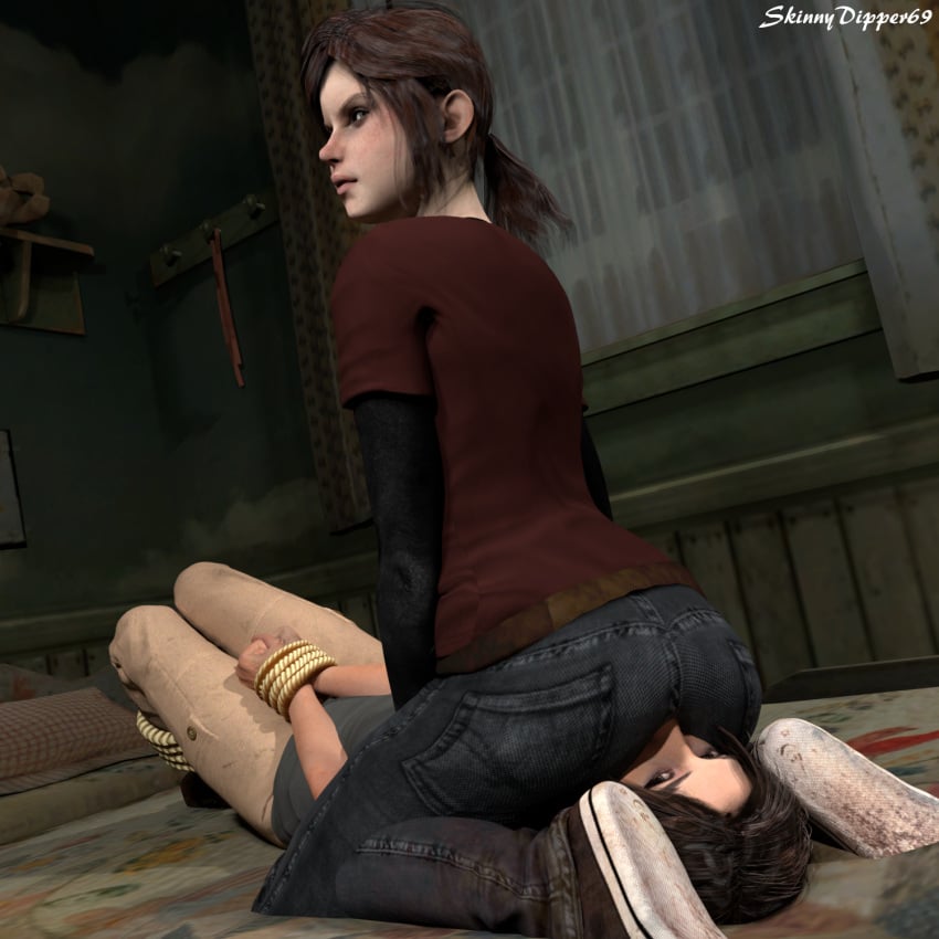 2girls 3d 3d_(artwork) ass bdsm black_hair bondage brown_hair crossover ellie_(the_last_of_us) ellie_williams facesit facesitting facesitting_through_clothes female female_only human jeans lara_croft lara_croft_(survivor) multiple_girls pants petite red_shirt rope_bondage shirt shoes skinnydipper69 the_last_of_us tied_up tiedup tomb_raider tomb_raider_(survivor)