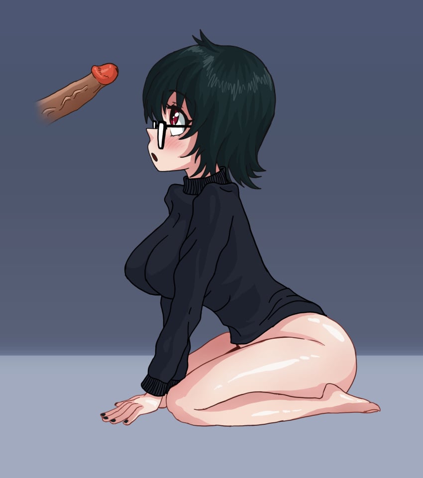 all_fours bangs bottomless clothed cock feet glasses green_hair hunter_x_hunter looking_up medium_breasts nail_polish nipples penis red_eyes shizuku_murasaki sweater thick