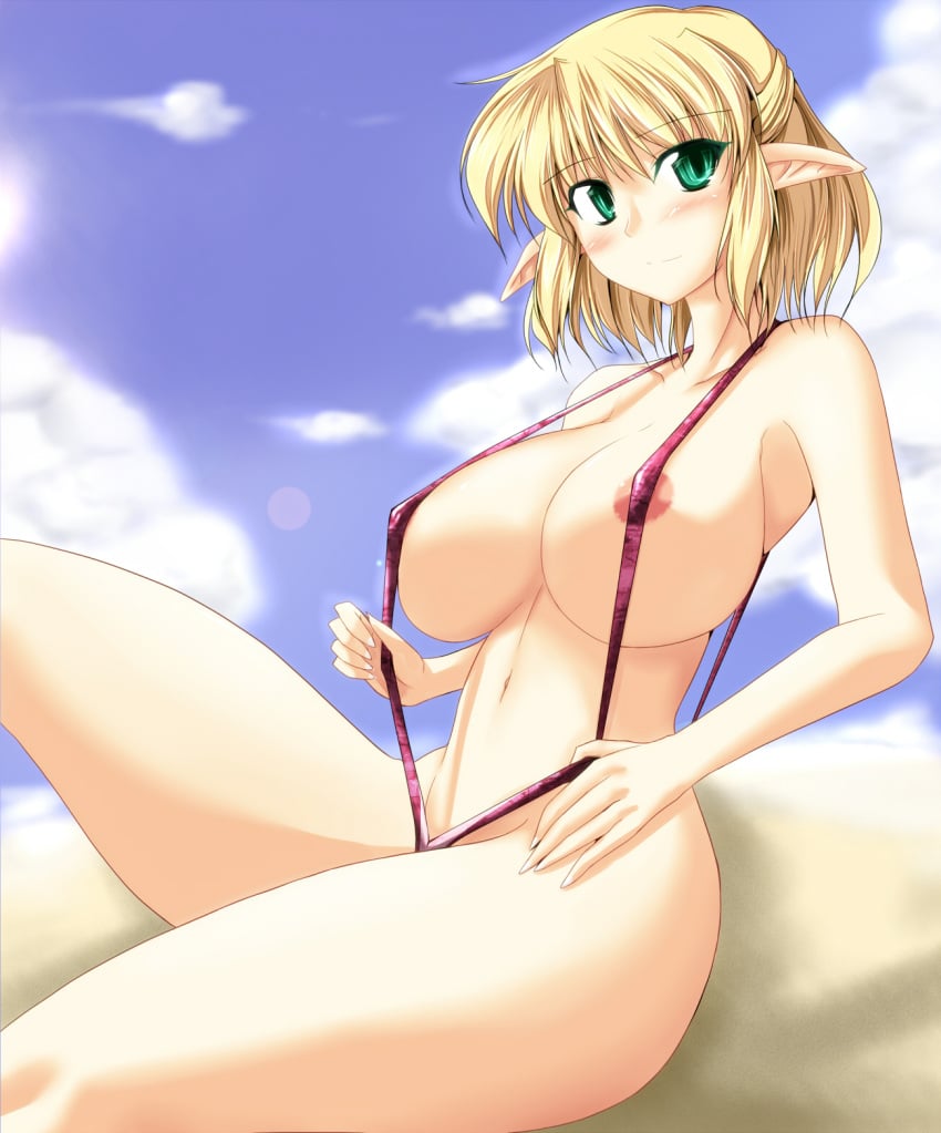 1girls areola_slip areolae belly_button bikini blonde_hair blush breasts day daytime female_focus green_eyes large_breasts light-skinned_female light_skin mizuhashi_parsee navel nipples outdoors pointy_ears short_hair solo solo_focus stiel swimsuit swimwear thighs touhou v_string_bikini