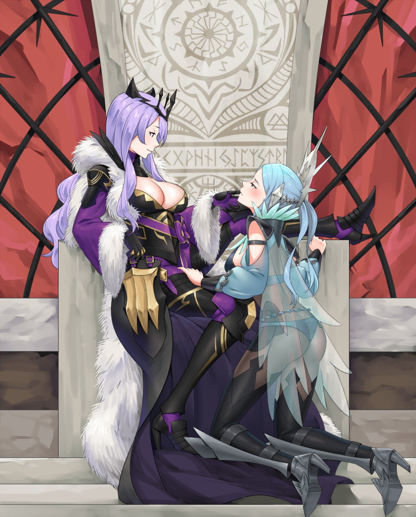 2girls alternate_costume armor armored_dress ass big_ass blue_hair blue_panties breasts camilla_(fire_emblem) camilla_(light_of_nohr)_(fire_emblem) cape cleavage cosplay crown dark_mage_(fire_emblem_fates) female female_only fire_emblem fire_emblem_fates fire_emblem_heroes flora_(fire_emblem) fur_cape fur_trim grabbing_another's_chin hand_on_another's_chin high_heels highres igni_tion large_breasts multiple_girls nintendo nyx_(fire_emblem) nyx_(fire_emblem)_(cosplay) official_alternate_costume panties purple_hair see-through sitting smile throne underwear yuri