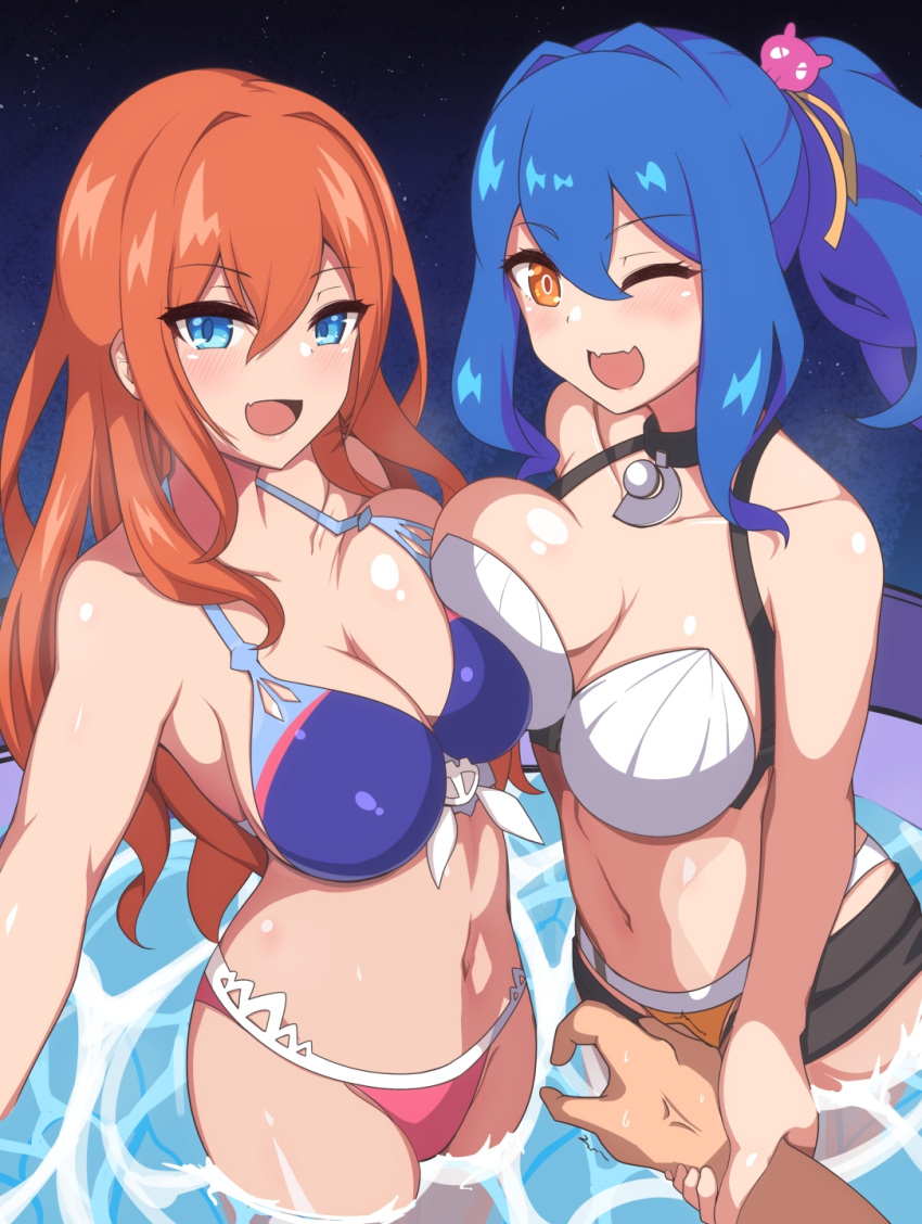 2girls bikini blue_hair holding_hands looking_at_viewer marina_(world_flipper) orange_hair u2_(user_pupx8327) winking world_flipper