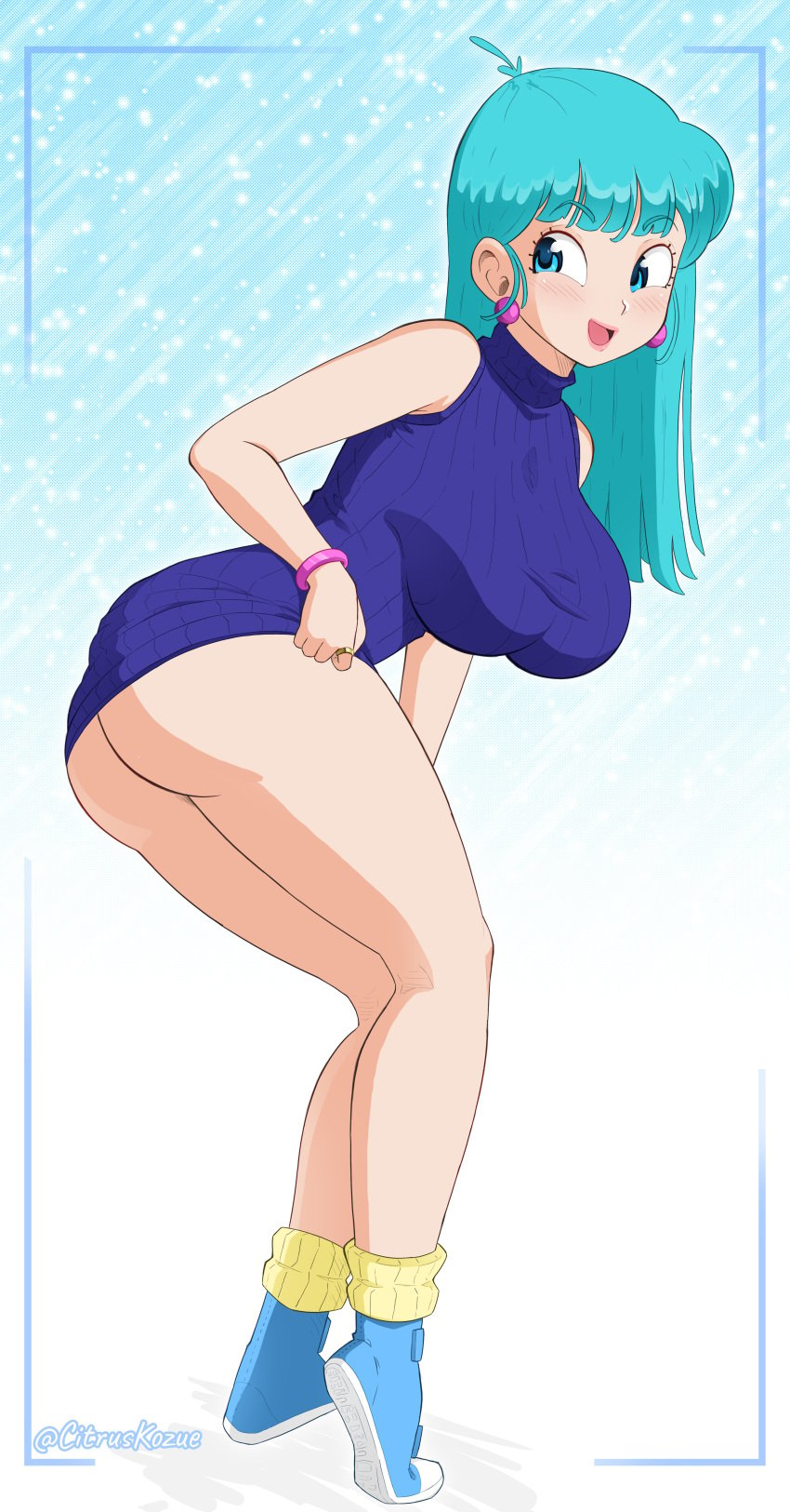 1girls blue_eyes bracelet bulma_(dragon_ball) bulma_briefs citruskozue dragon_ball dragon_ball_super dragon_ball_z earrings flashing green_hair large_ass large_breasts lipstick skirt_lift smile sneakers socks sweater_dress