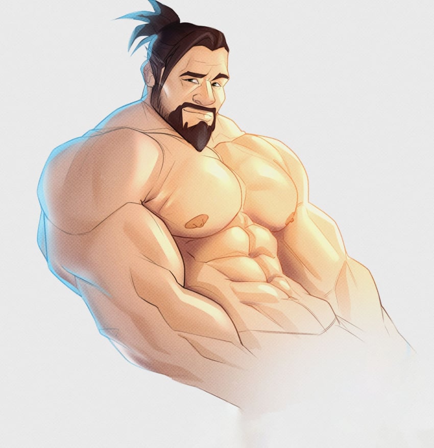 1boy activision bara bara_tits barazoku beard blizzard_entertainment facial_hair gay hairy hanzo hanzo_shimada looking_at_viewer male male_focus male_nipples male_only manly muscular_male nipples overwatch overwatch_2 puppynolan solo solo_male yaoi