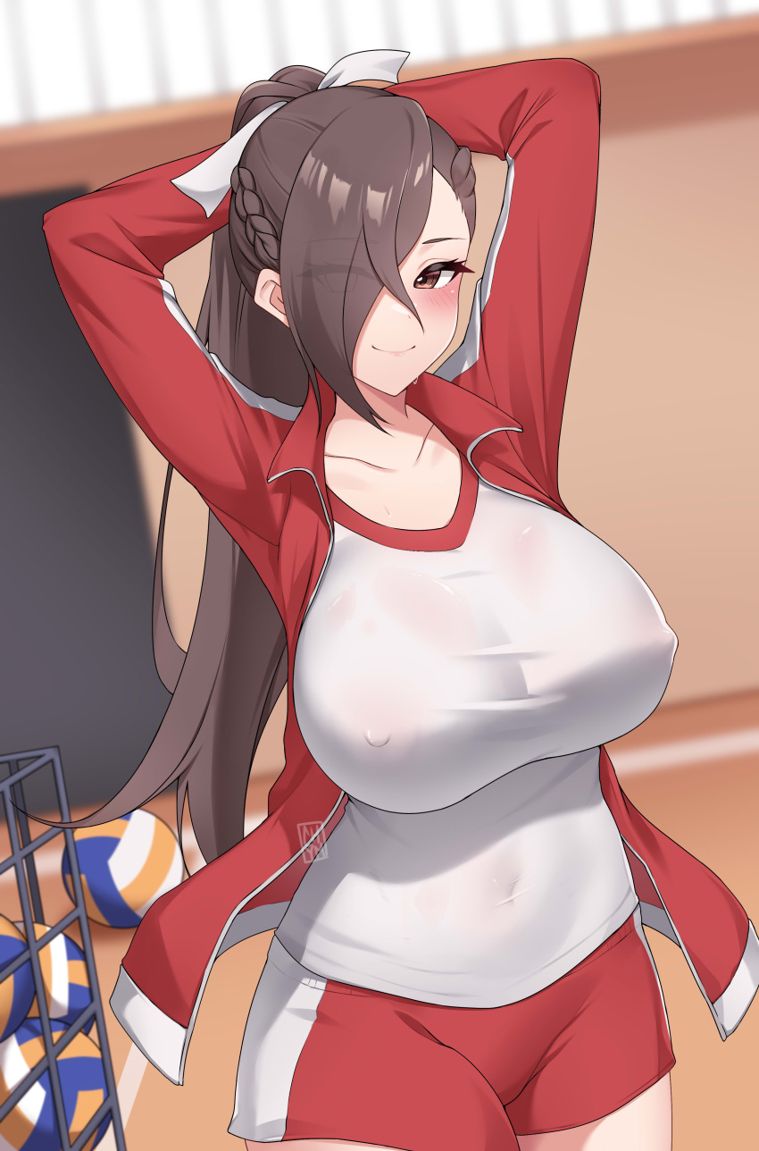 1girls absurdres alternate_costume arms_behind_head blush breasts brown_eyes brown_hair chym39 commission covered_navel covered_nipples female female female_only fire_emblem fire_emblem_fates gym gym_shorts gym_uniform hair_over_one_eye highres indoors jacket kagero_(fire_emblem) large_breasts long_hair looking_at_viewer nintendo nipples ponytail red_jacket red_shorts shirt shorts smile solo volleyball white_shirt