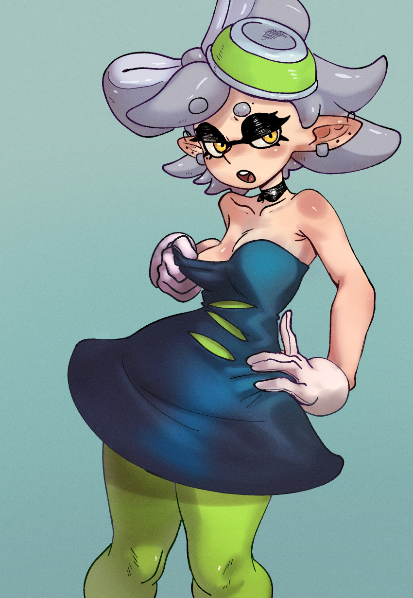 blush dress dress_pull inkling inkling_girl kneesocks light_skin majodawn marie_(splatoon) open_mouth self_upload splatoon squint tease teasing thighs