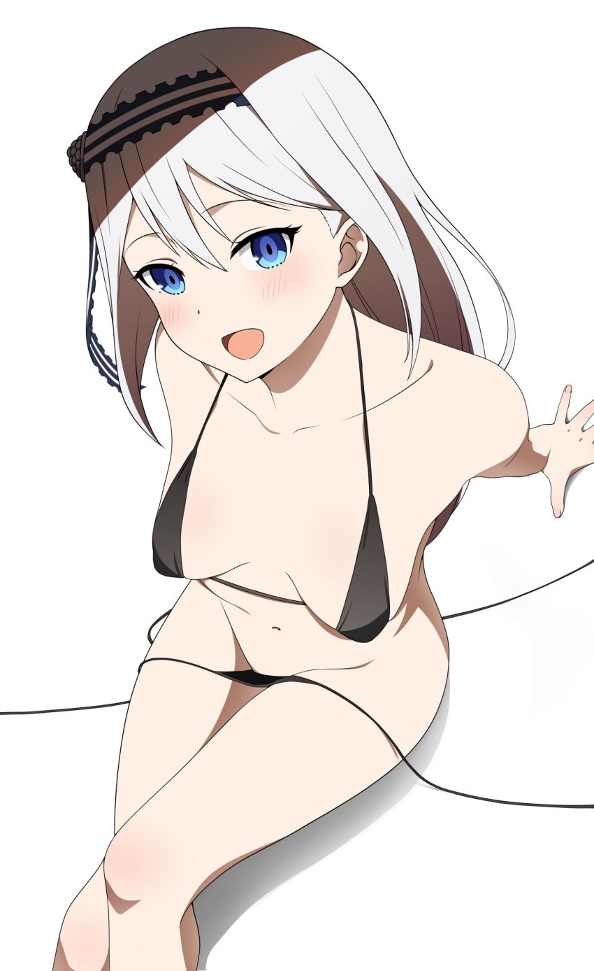 1girls absurd_res absurdres anime_style bare_arms bare_breasts bare_legs bare_midriff bare_shoulders bare_thighs belly belly_button black_bikini black_bra black_swimsuit blue_eyes blush cleavage collarbone coro_fae female female_focus female_only fingernail fingers groin hair_ornament high_resolution highres kaguya-sama_wa_kokurasetai_~tensai-tachi_no_renai_zunousen~ legs light_skin looking_at_viewer navel nude petite petite_body petite_breasts petite_female schoolgirl shirogane_kei silver_hair simple_background simple_shading sitting slender_waist slim_waist small_breasts smile solo string_bikini student teenager thick_thighs thighs thin_waist v-line white_background white_hair