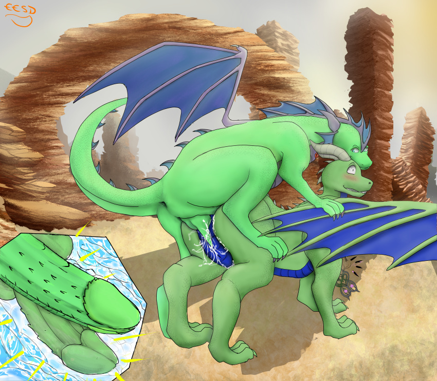 absurd_res amulet blush dessert dragon duo endoereanart feral food hi_res huge_filesize magic male male/male nackle raised_tail slit slit_penetration spikes spread_wings wings