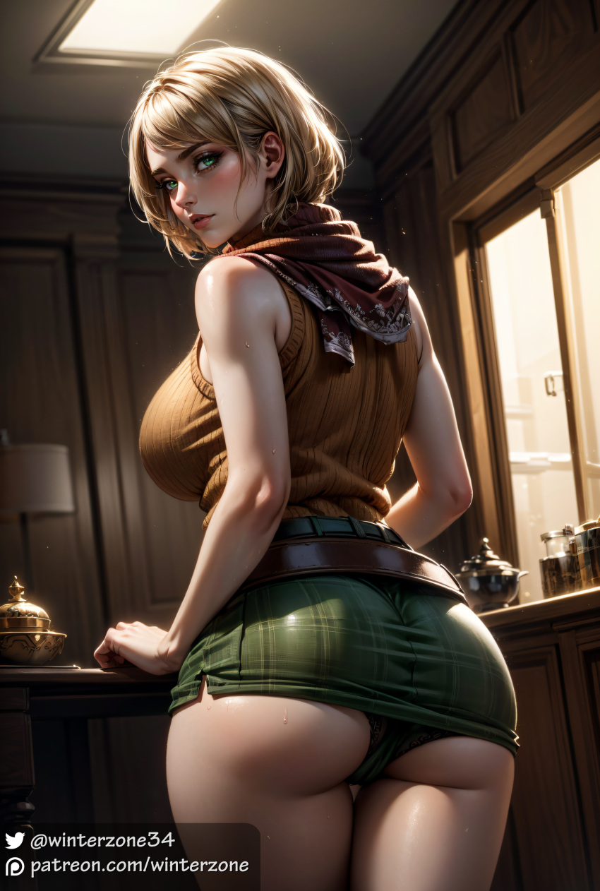 ai_generated ashley_graham ashley_graham_(ella_freya) big_ass big_butt blonde_hair cameltoe female female_focus female_only from_behind looking_at_viewer looking_back panties resident_evil resident_evil_4 resident_evil_4_remake short_hair skin_tight skirt skirt_lift stable_diffusion thick_thighs winterzone