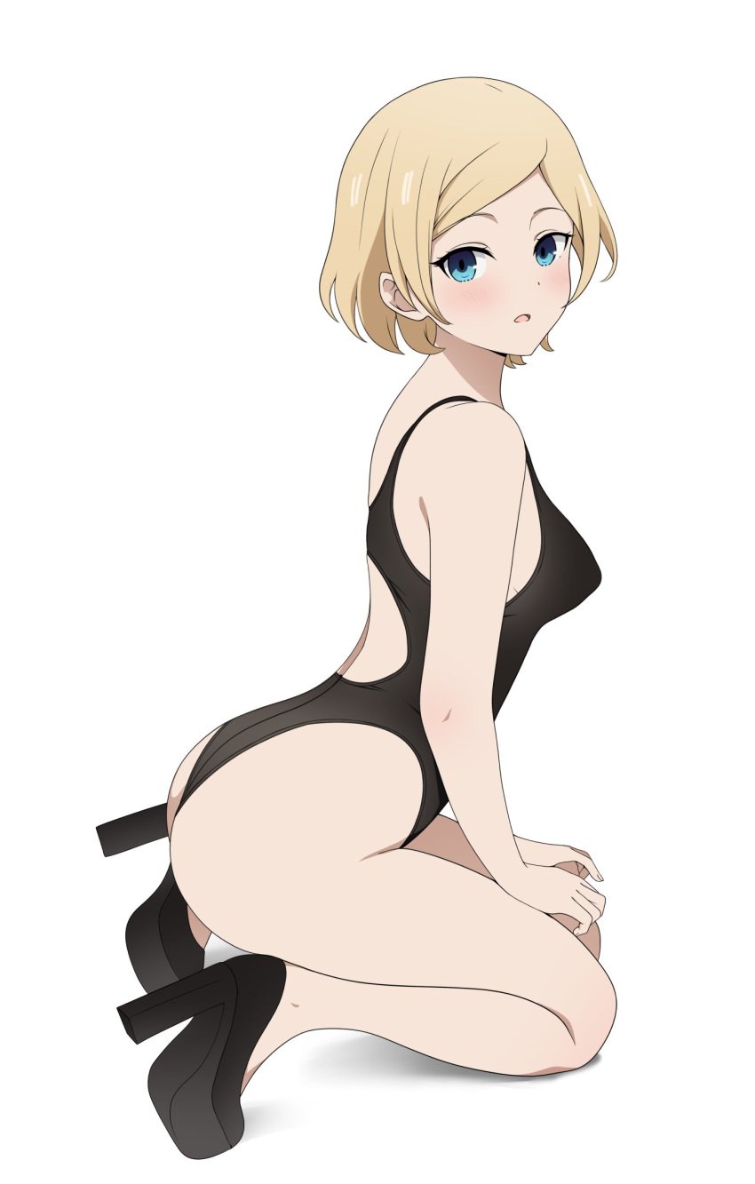 1girls absurd_res absurdres ass bare_arms bare_back bare_legs bare_shoulders bare_thighs bikini bikini_top black_bikini black_swimsuit black_swimwear blonde_hair blue_eyes blush breasts coro_fae female female_focus female_only fingernail fingers hayasaka_nao high_heels high_resolution highres kaguya-sama_wa_kokurasetai_~tensai-tachi_no_renai_zunousen~ large_breasts legs light_skin looking_at_viewer looking_back medium_breasts nape nude open_mouth schoolgirl short_hair simple_background simple_shading sitting slender_waist slim_waist solo standing straight_hair student swimsuit swimwear teenager thick_ass thick_thighs thighs thin_waist white_background