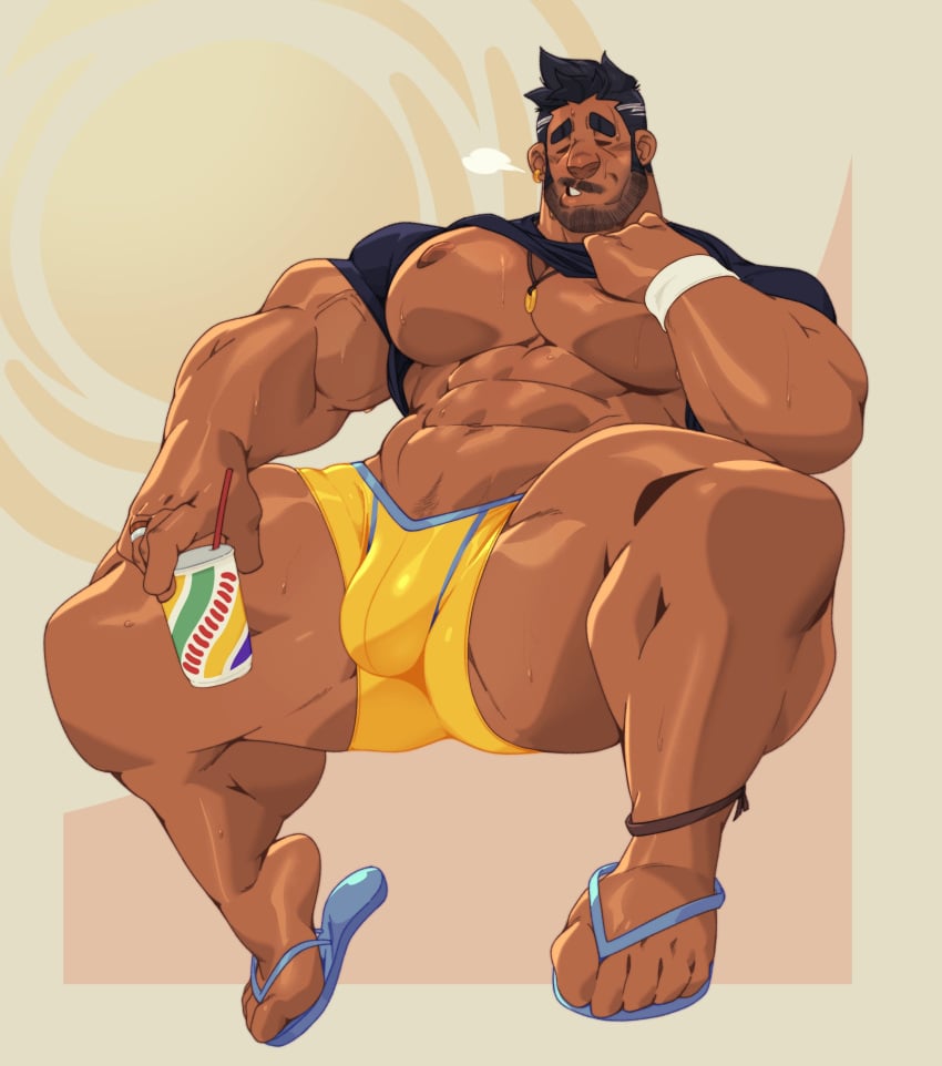 abdomen bara beard big_thighs black_hair brown_skin bubble_pecs bulge chesschirebacon closed_eyes clothes flip_flops hairy hairy_male hoary homoerotic male male_only muscle muscled muscles muscular muscular_arms muscular_legs muscular_male muscular_thighs pecs sandals sigh sport_clothes thick_thighs white_hair yellow_clothing