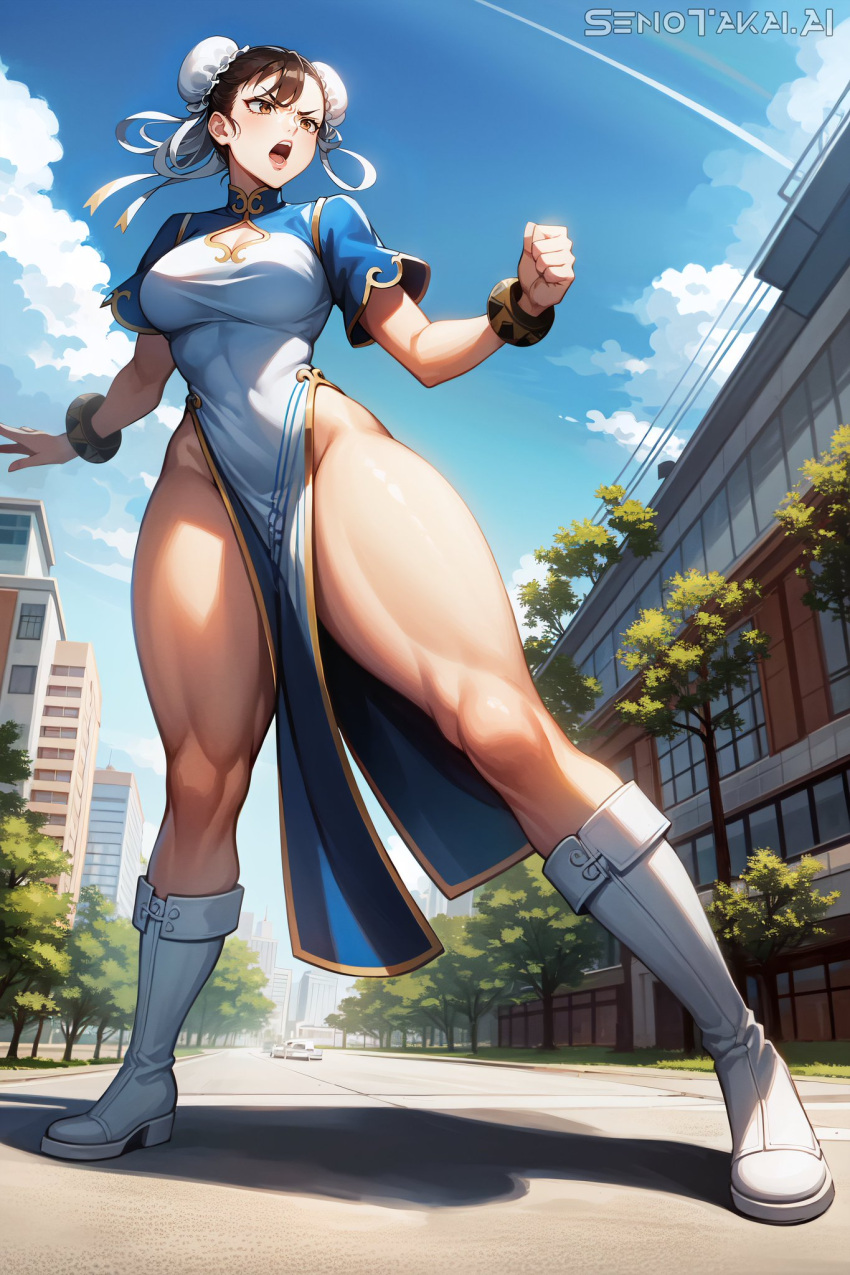 1girls ai_generated bare_legs bare_thighs big_breasts big_thighs blush brown_eyes brown_hair capcom chun-li clothed clothing color female female_focus female_only hi_res huge_thighs large_breasts light-skinned_female light_skin looking_at_another muscular muscular_female muscular_legs muscular_thighs open_mouth senotakai_ai short_hair solo solo_female street_fighter tagme thick_thighs thighs thunder_thighs thunderthighs