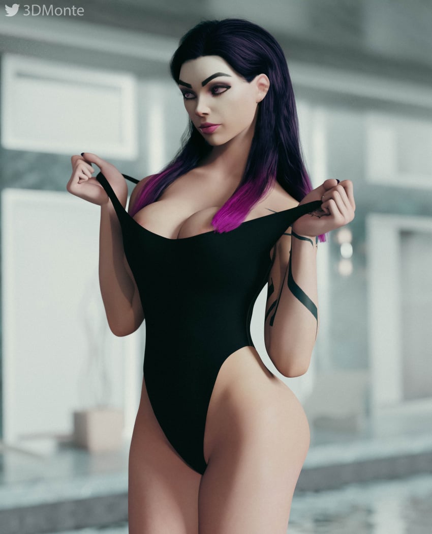 1girls 3d 3dmonte areolae big_breasts big_butt black_swimsuit boob_squish female female_focus female_only indoors looking_away one-piece_swimsuit purple_eyes purple_hair reyna_(valorant) sole_female solo_female swimming_pool tattoo thick_thighs thighs valorant